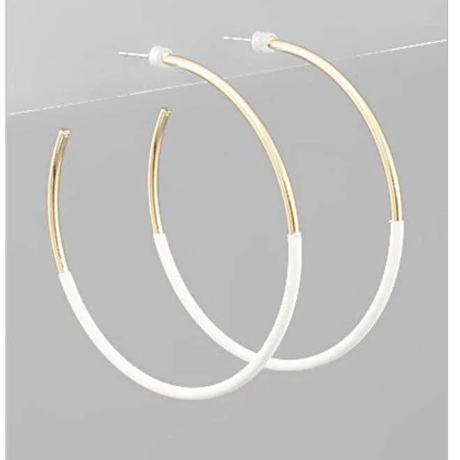 Ladies deco flair earrings -Earrings - White/ Gold Skinny Hoop Earrings