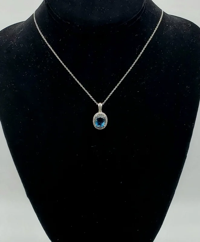 Ladies Necklaces for Grandma Shine-Blue and Colorless Topaz Sterling Silver Pendant Chain Necklace - 18"