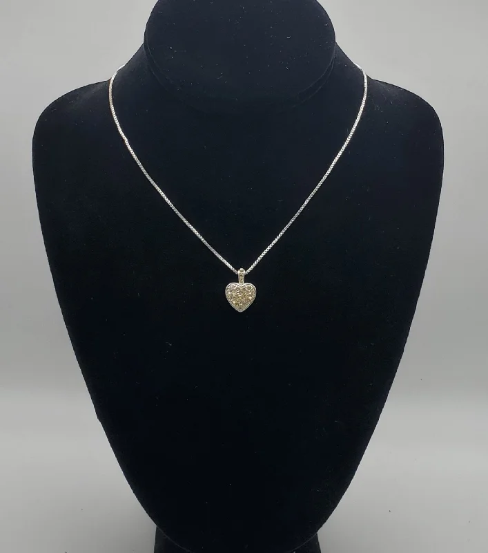 Ladies Necklaces with Blue Dumortierite-Vintage Silver Tone Rhinestone Heart Pendant on Silver Tone Box Link Chain Necklace - 18 +3"