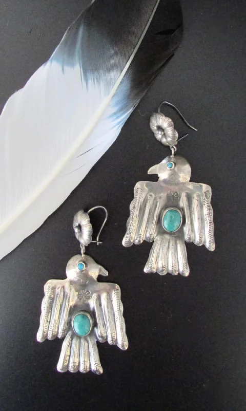 Ladies cosmic dust earrings -FEDERICO JIMENEZ Large Silver & Turquoise Thunderbird Earrings, Mexican Oaxacan