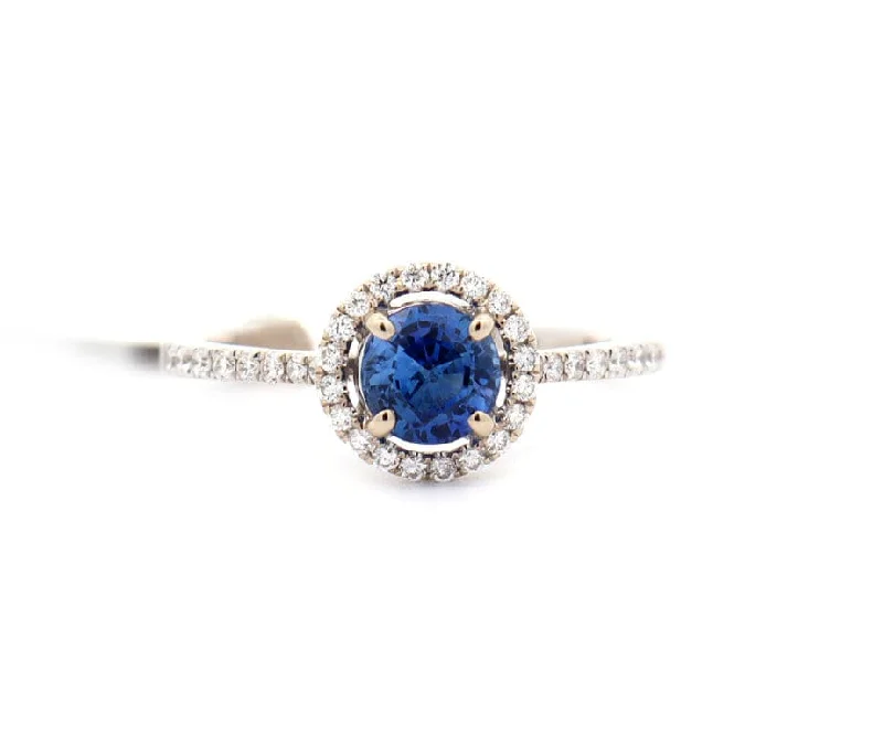 Ladies Rings with Hex Spark-New 0.86ct Round Sapphire and 0.23ctw Diamond Halo Ring in 14K