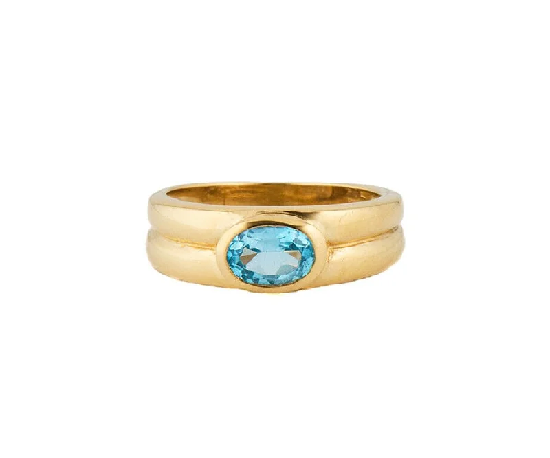 Ladies Rings for Bride Glow-Criso Oval Blue Topaz Bezel Set Solitaire Ring in 14K