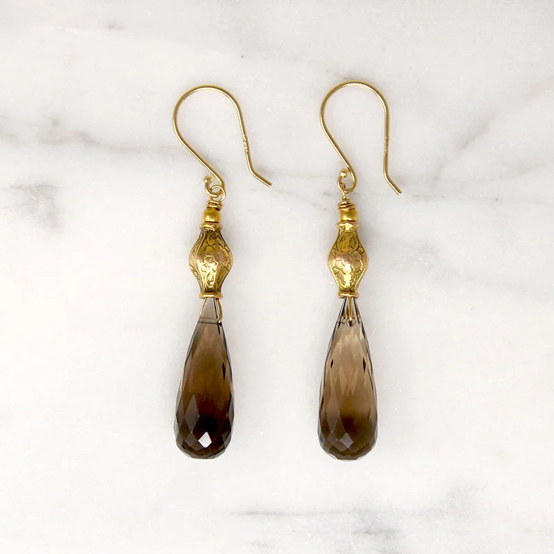 Ladies mythic lore earrings -Faceted Smoky Quartz & Antique Gold Earrings by brunet