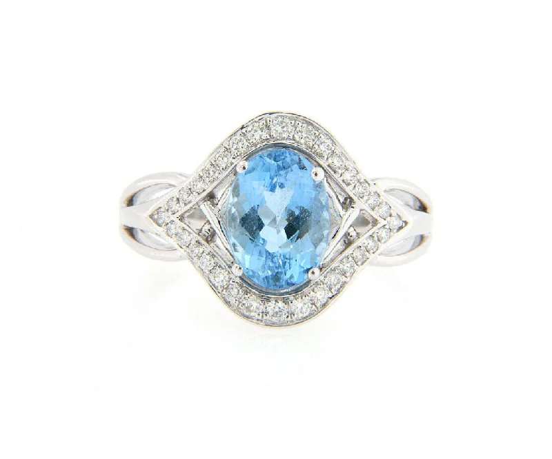 Ladies Rings with Sun Spark-2.28ct Oval Aquamarine and 0.28ctw Diamond Frame Ring in 14K