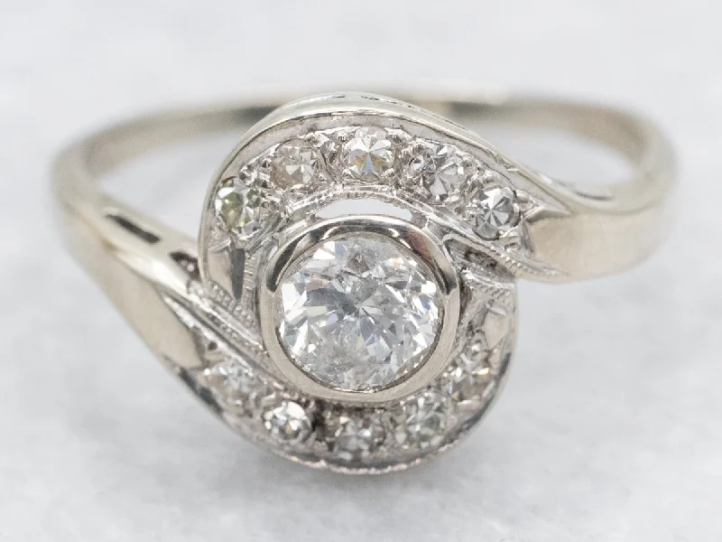 Ladies Twin Band Engagement Rings -1950's Brilliant Diamond Bypass Engagement Ring