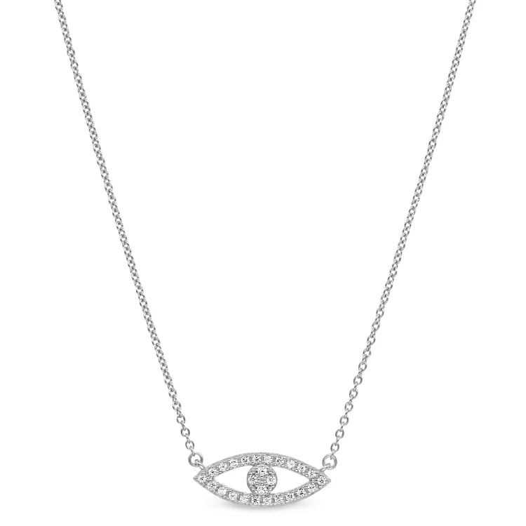 Ladies Necklaces with Crystal Shine-Platinum Finish Sterling Silver Micropave Evil Eye Necklace with Simulated Diamonds on 16"-18" Adjustable Chain