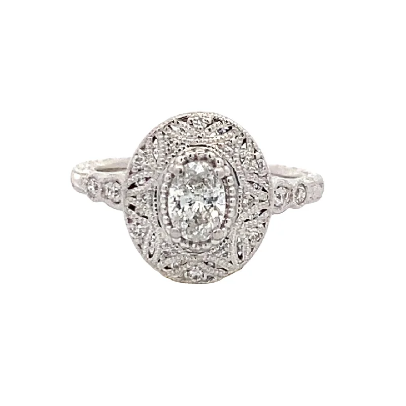 Ladies Baroque Splendor Engagement Rings -Estate Diamond Halo Engagement Ring in White Gold