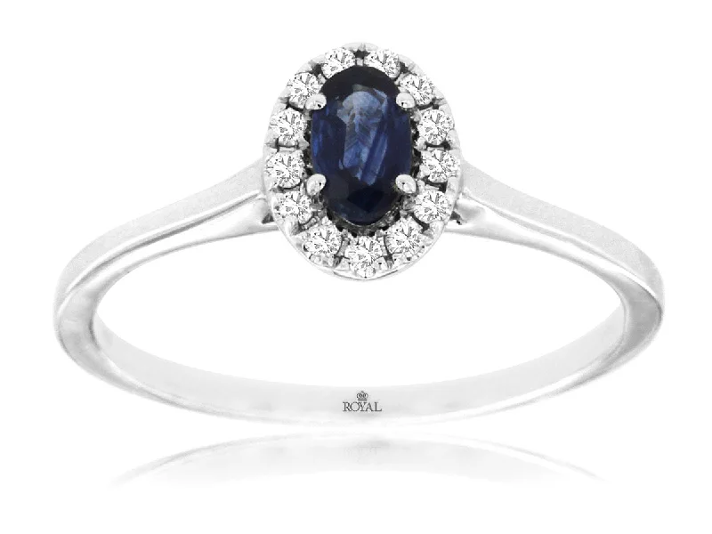 Ladies Rings for Prom Spark-White Gold Oval Shaped Sapphire with Diamond Halo Ring