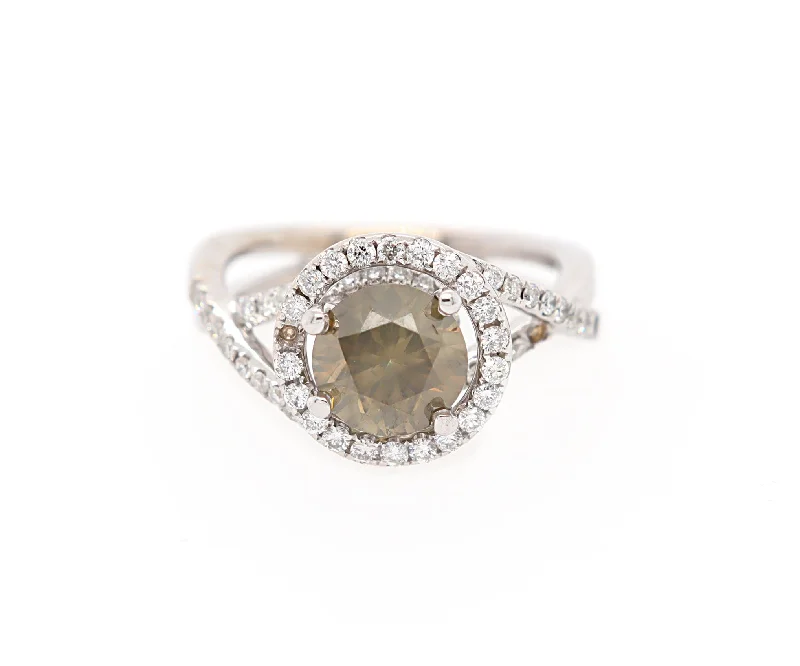 Ladies Rings with Warm Opal-1.70ctw Round Greenish Brown and White Diamond Halo Ring in 18K