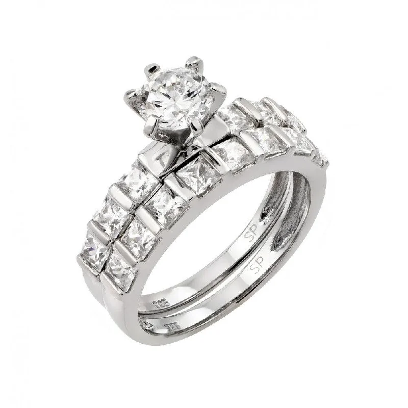 Ladies Special Day Engagement Rings -Silver 925 Rhodium Plated CZ Engagement Ring Pair Set - STR00987