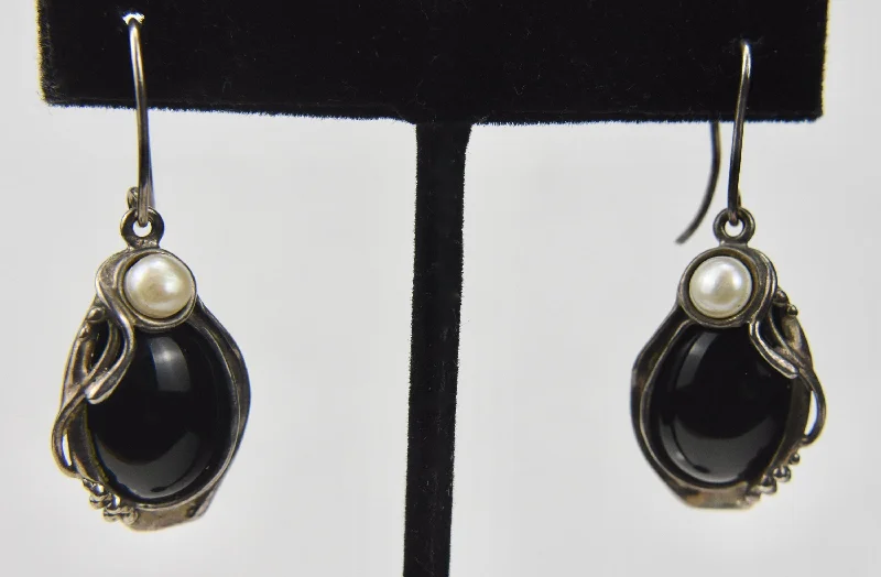 Ladies twinkling diamond earrings -Hagit Gorali - Sterling Silver Black Onyx and Pearl Earrings