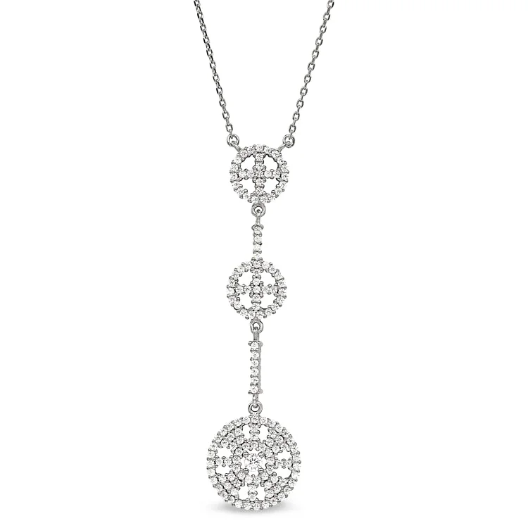 Platinum Finish Sterling Silver Micropave Three Circle Drop Necklace with Simulated Diamonds on 16"-18" Adjustable Chain