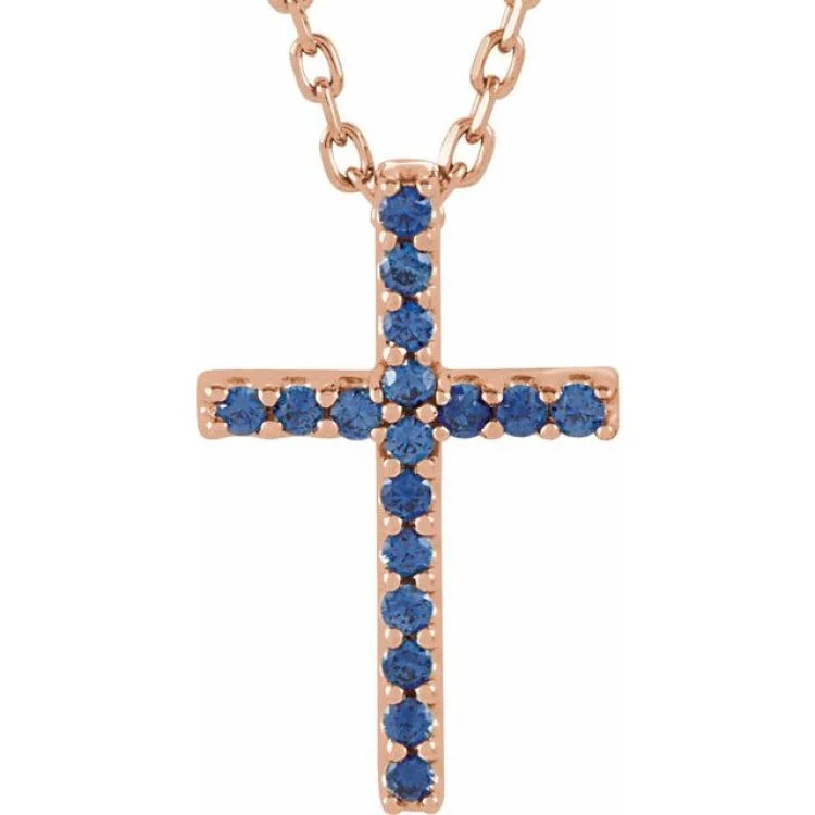 Ladies Necklaces with Sea Aquamarine-14K Rose Natural Blue Sapphire Petite Cross 16" Necklace