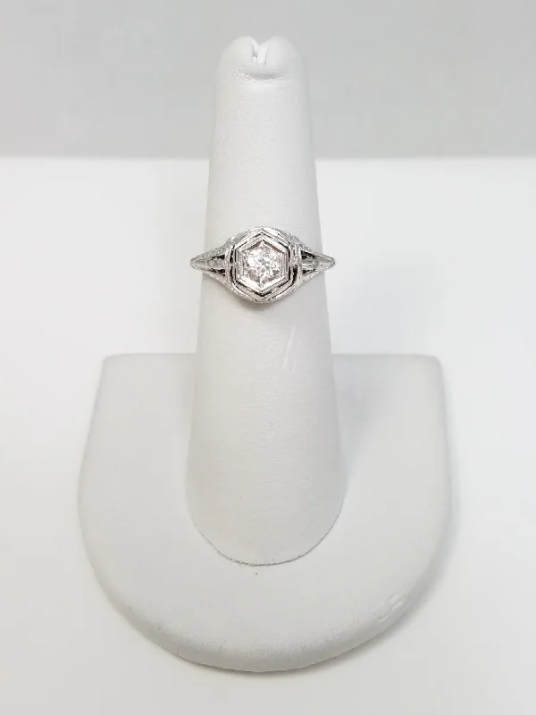 Ladies Organic Flow Engagement Rings -Classic Early 1900's Edwardian 18k White Gold European Cut Glass Engagement Ring