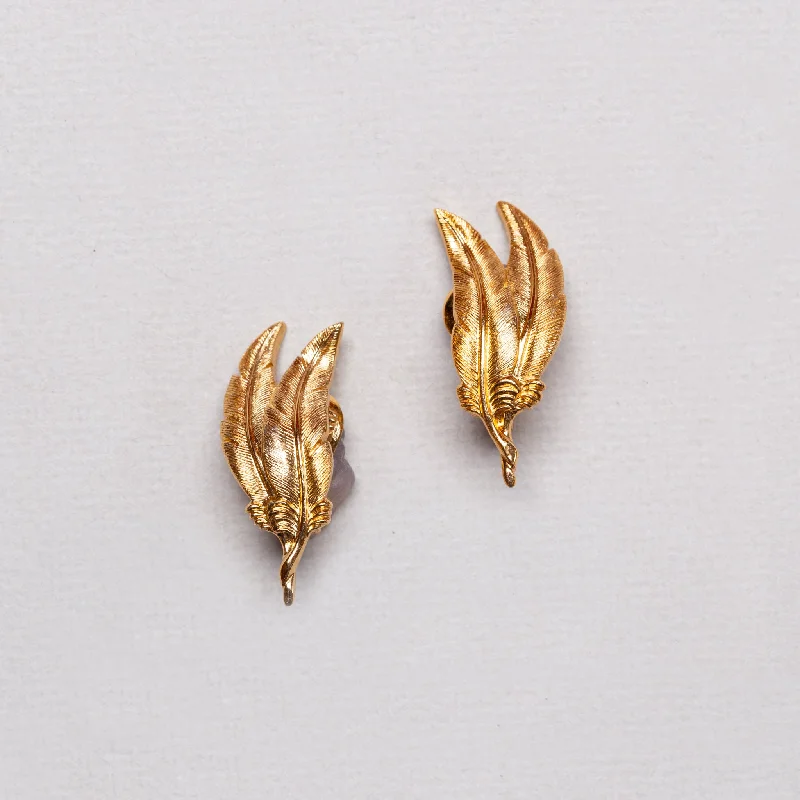 Ladies key motif earrings -Vintage Monet Gold Feather Clip-on Earrings