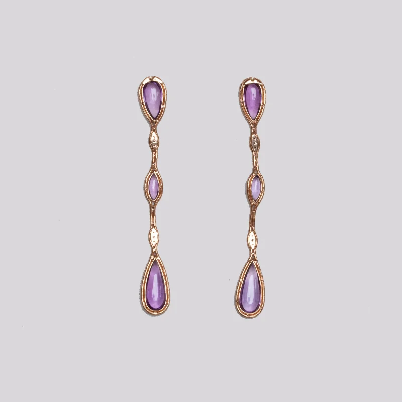 Ladies satin sheen earrings -Rose Gold Long Drop Earrings with Amethyst & Brown Diamonds