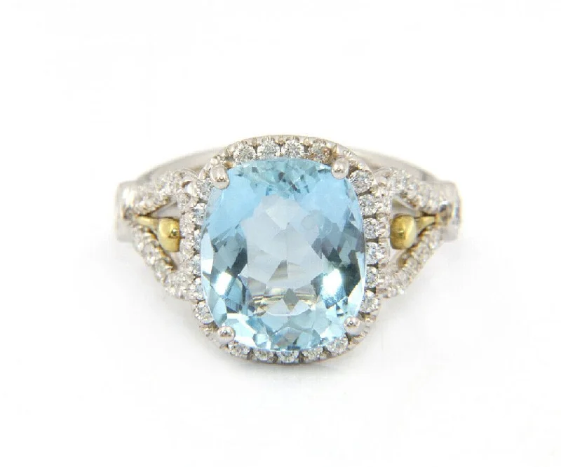 Ladies Rings with Red Spinel-4.73ct Cushion Aquamarine and Diamond Halo Ring in 18K