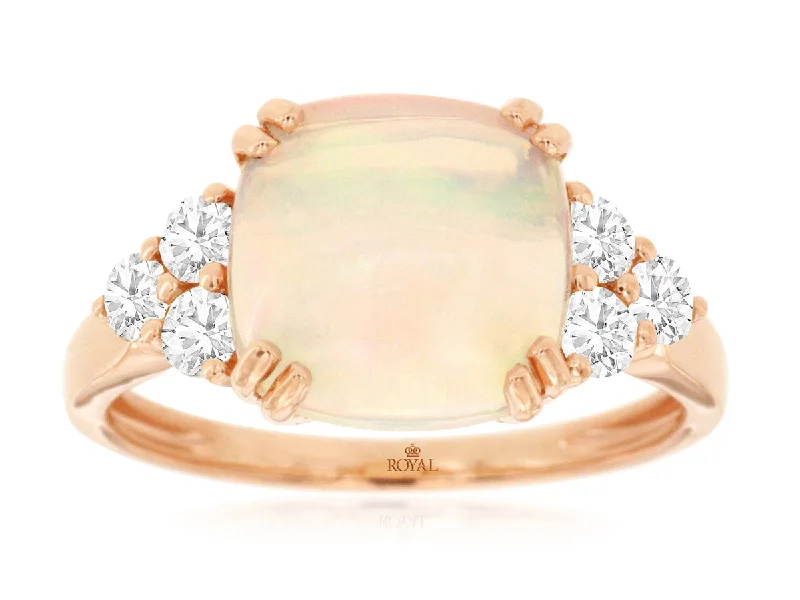 Ladies Rings Dark Spark-Rose Gold Cushion Cut Opal Diamond Ring