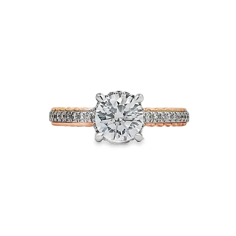 Ladies Cushion Glow Engagement Rings -Round Diamond Side Stone Engagement Ring in Two-Tone Gold by Gabriel NY