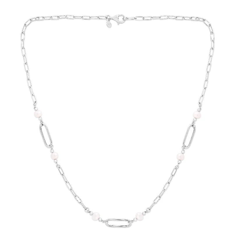 Ladies Necklaces with Stellar Gems-Silver Pearl Paperclip Necklace