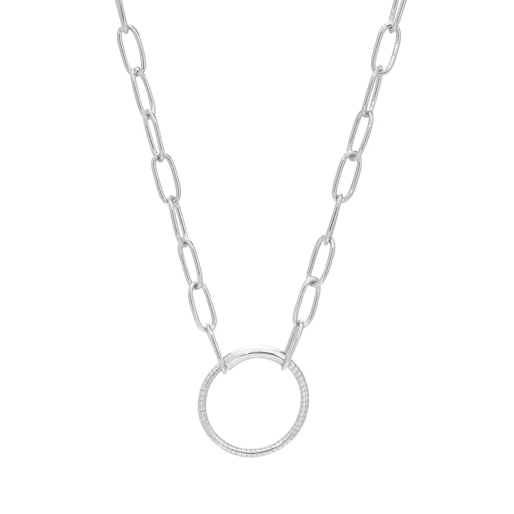 Ladies Necklaces for Festive Spark-Rhodium Finish Sterling Silver 20" Paper Clip Necklace with Center Circle Station