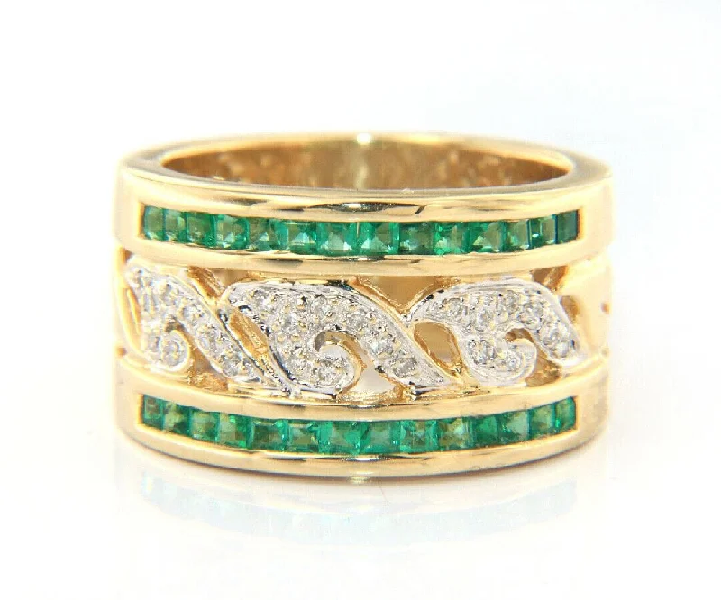 Ladies Rings for Love Shine-Diamond Filigree and Emerald Channel Set Wide Band Ring in 14K