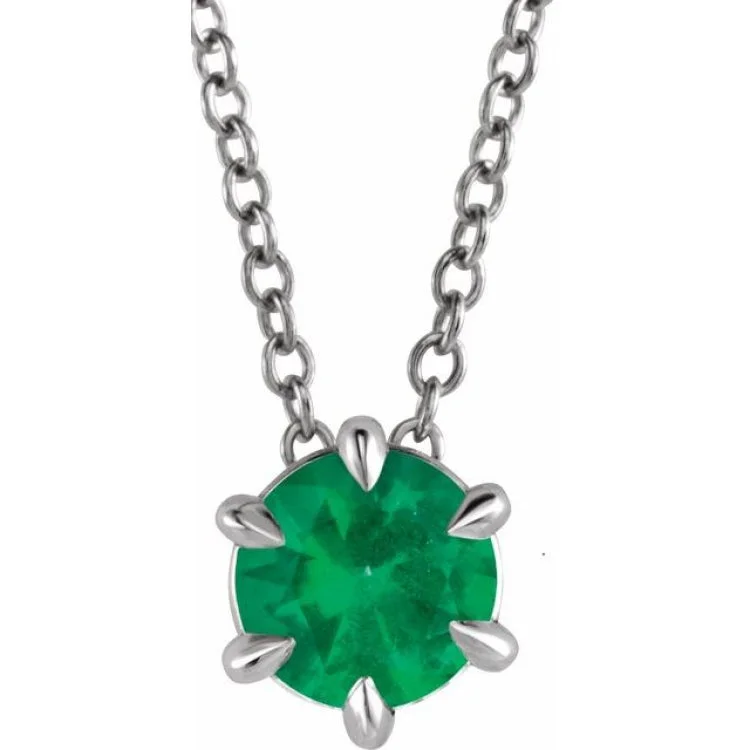 Ladies Necklaces for Travel Glow-14K White 6 mm Natural Emerald Solitaire 16-18" Necklace