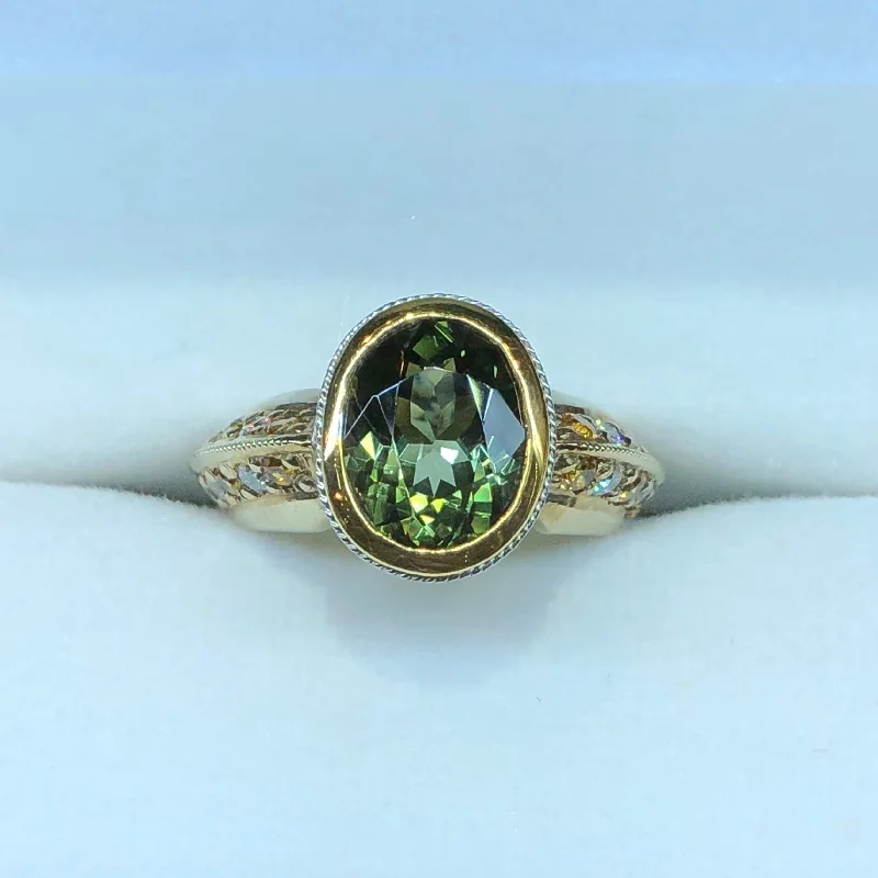 Ladies Rings with Square Shine-Green Tourmaline, Yellow Sapphire and Diamond Ring