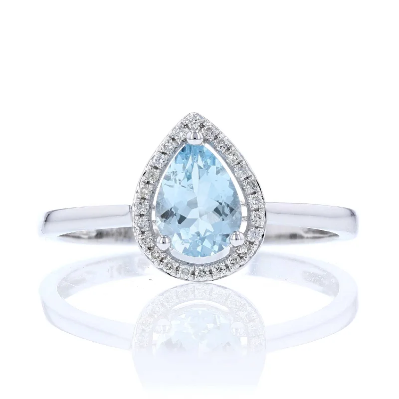 Ladies Rings for Prom Spark-Aquamarine & Diamond Pear Halo Ring