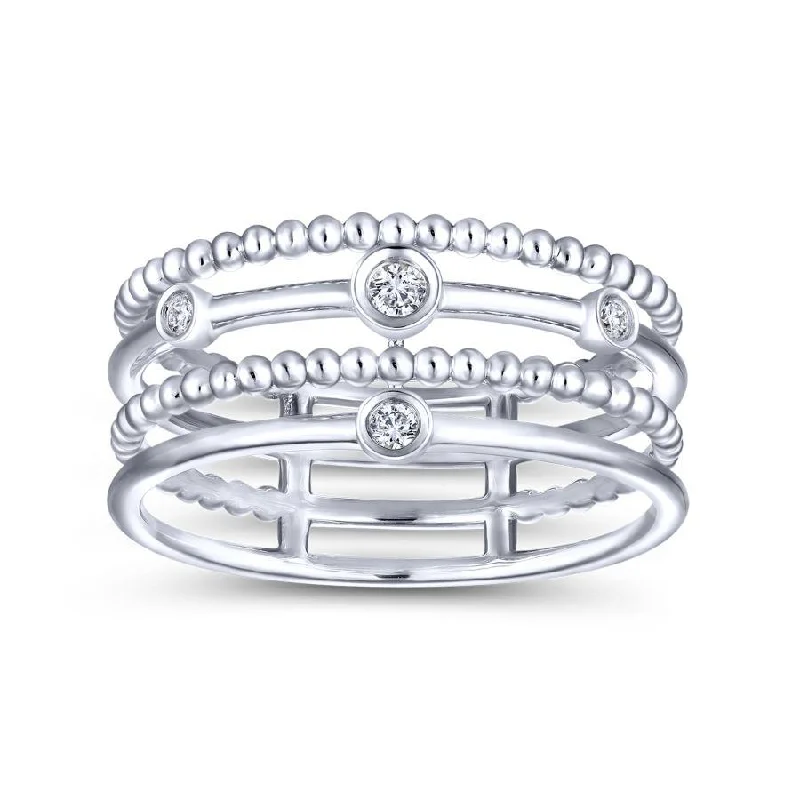 Ladies Rings with Initial Spark-Gabriel & Co. - LR51278W45JJ - 14K White Gold Bezel Set Diamond Station Layered Ring