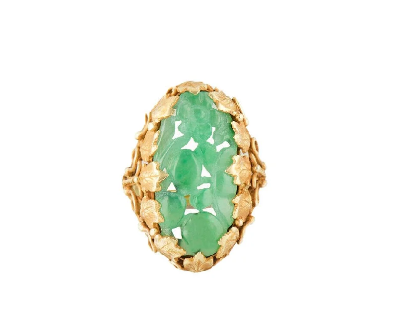 Ladies Rings with Pink Vivianite-Vintage Carved Green Jade Leaf Design Cocktail Ring in 14K