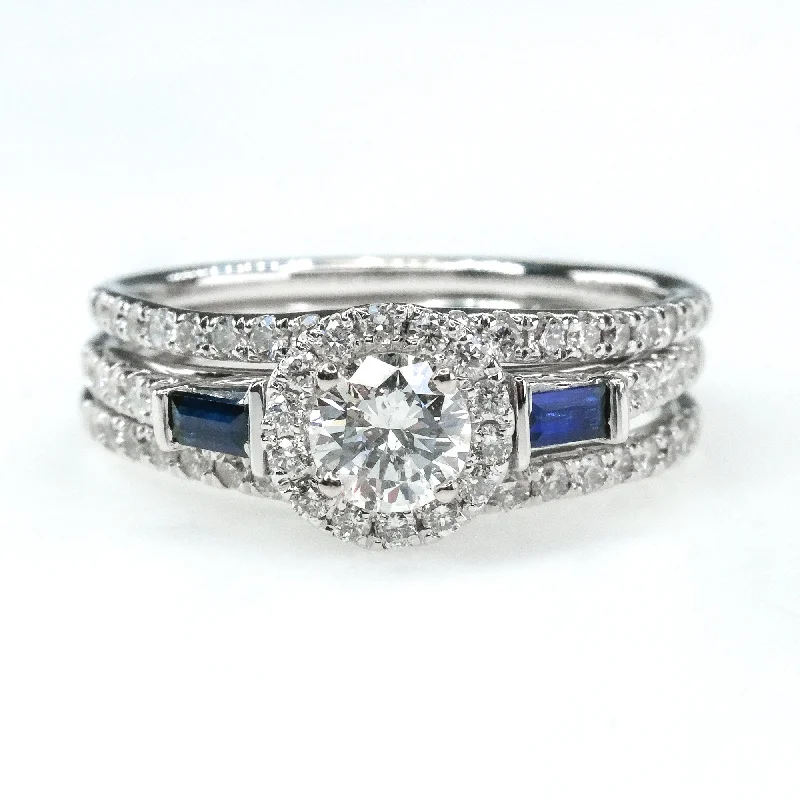 Ladies Crisp Geometric Engagement Rings -1.25ctwt Diamond w/Sapphire Engagement Double Band Bridal Set 14K White Gold