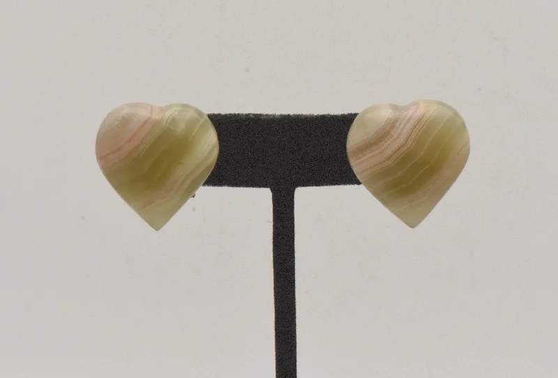 Ladies featherlight minimal earrings -Vintage Carved Green Onyx Heart Clip On Earrings