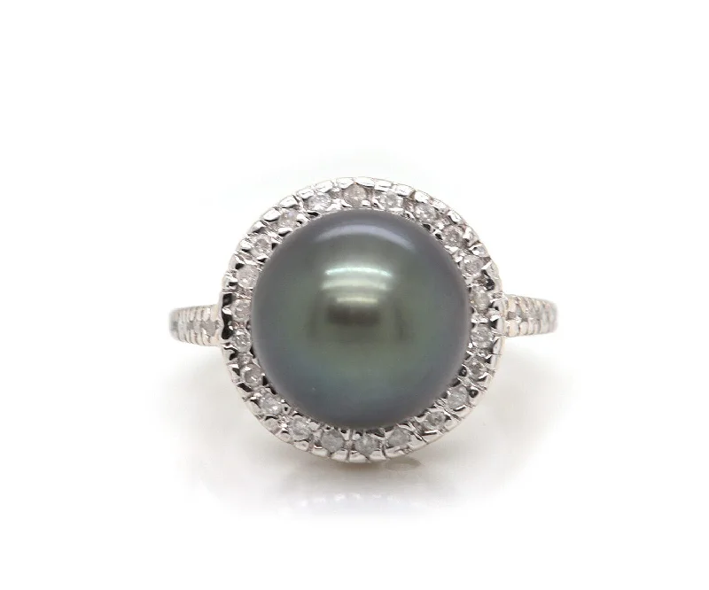 Ladies Rings for Niece Spark-11.50 MM Grey Tahitian Pearl and 0.25ctw Diamond Halo Ring in 14K