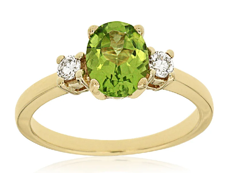 Ladies Rings with Bead Spark-14k Yellow Gold Oval Peridot and Diamond Ring 3195x