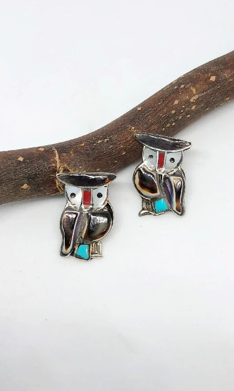 Ladies dramatic statement earrings -OWL LOVE Vintage 70s Silver Inlay Earrings, Zuni Style