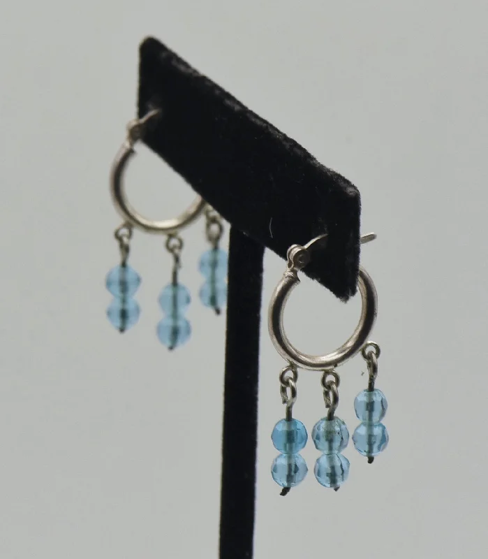 Ladies zodiac glow earrings -Vintage Sterling Silver Hoop Blue Bead Dangle Earrings