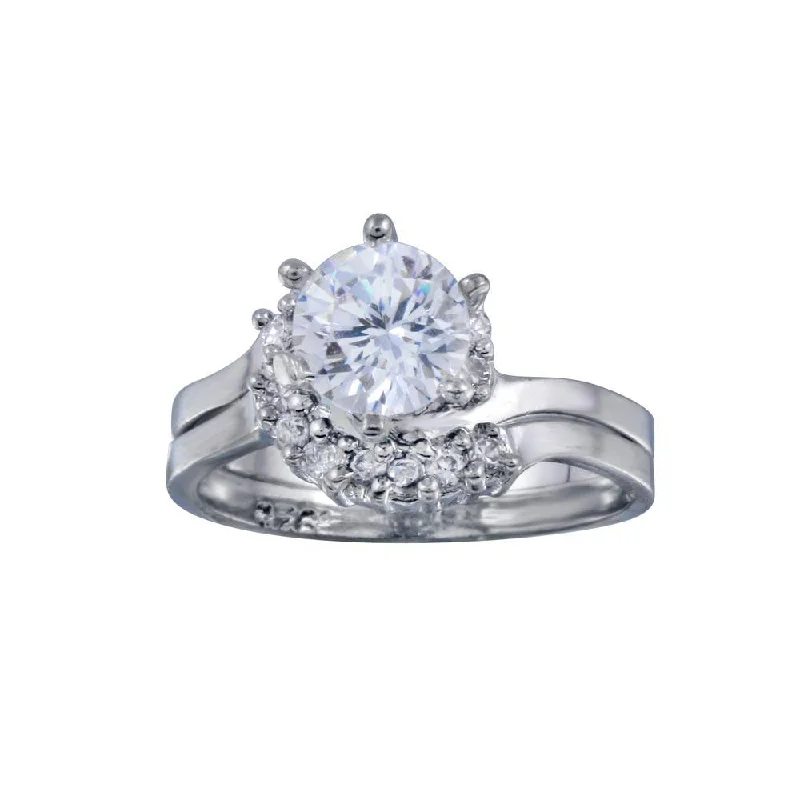 Ladies Value Priced Engagement Rings -Silver 925 Rhodium Plated Clear Cluster Solitaire CZ Engagement Ring Set - ANT00015