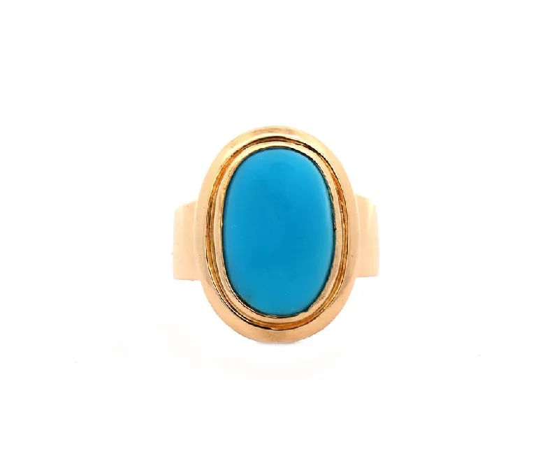 Ladies Rings for Teacher Glow-Vintage Oval Turquoise Bezel Set Ring in 18K