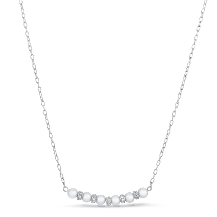 Ladies Necklaces with Engraved Glow-Platinum Finish Sterling Silver Micropave Pearl and Simulated Diamond Necklace - Adjustable 18"-20"