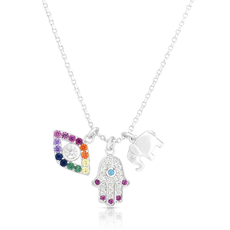 Ladies Necklaces for Bridal Shine-Silver Rainbow CZ Charm Dangle Necklace