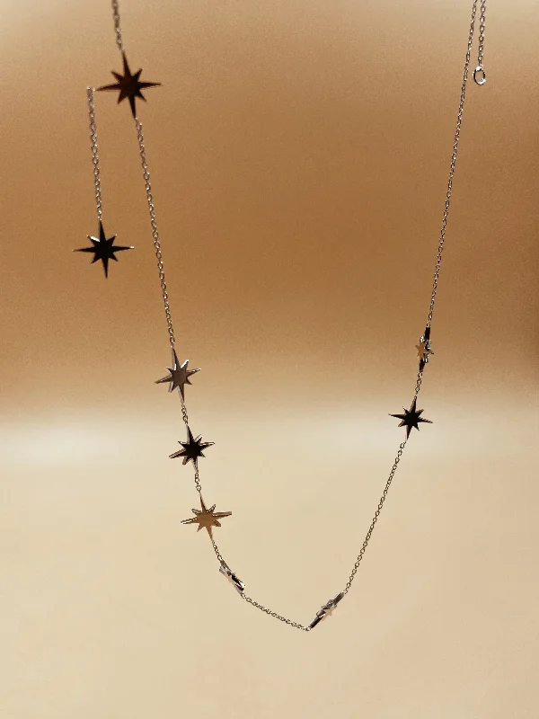 Ladies Necklaces Thin Spark-Starburst Brass Necklace in Silver Tone