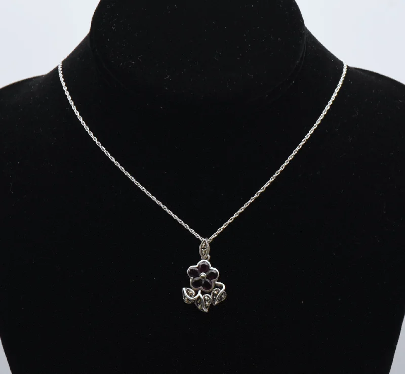 Ladies Necklaces with White Phenakite-Vintage Red Garnet and Marcasite Sterling Silver Flower Pendant Necklace - 19.5"