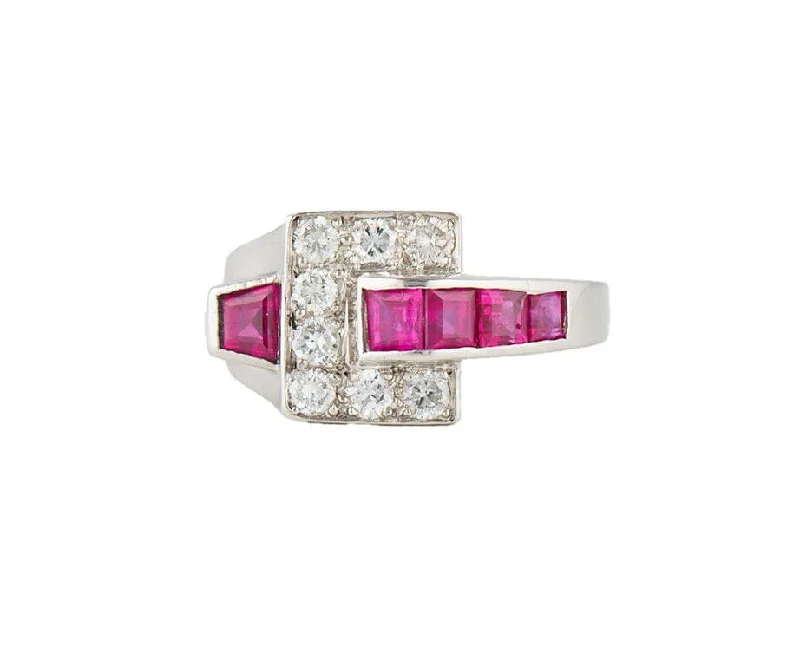 Ladies Rings with Crimson Zincite-0.50ctw Diamond and 0.75ctw Ruby Geometric Style Ring in Platinum