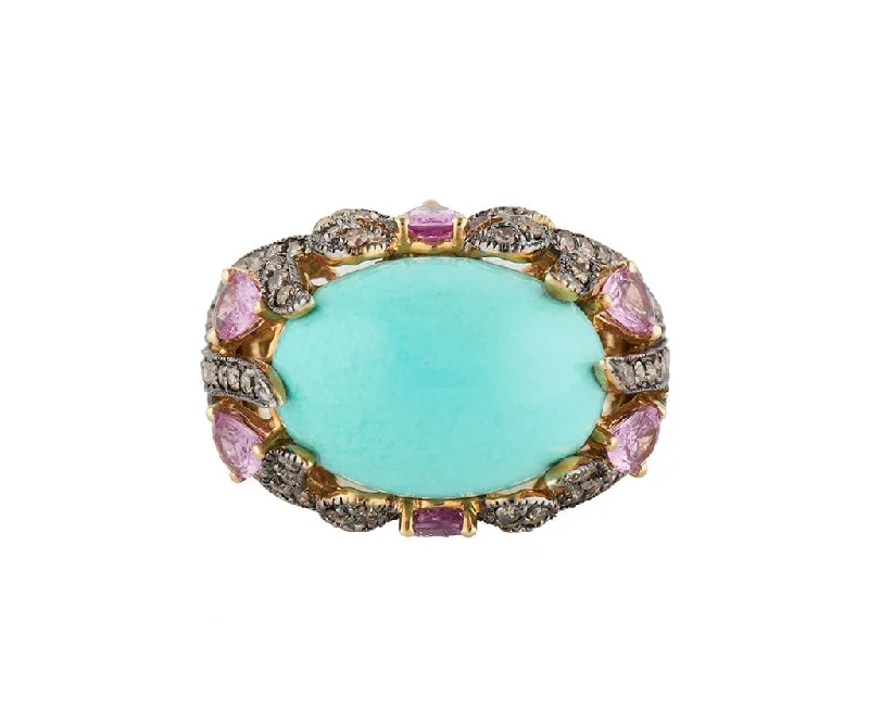 Ladies Rings with Sun Spark-Le Vian Turquoise Pink Sapphire and Chocolate Diamond Domed Statement Ring in14K