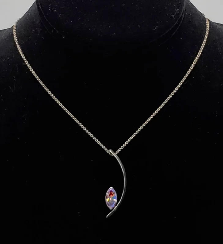 Ladies Necklaces with Teardrop Glow-Drew M. Ruiz - Vintage Sterling Silver Iridescent Faceted Glass Modern Design Pendant on Sterling Silver Chain Necklace - 18"