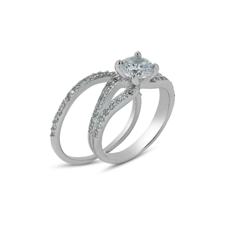 Ladies Rough Cut Engagement Rings -Silver 925 Rhodium Plated Clear CZ Bridal Engagement Ring Set - BGR00396