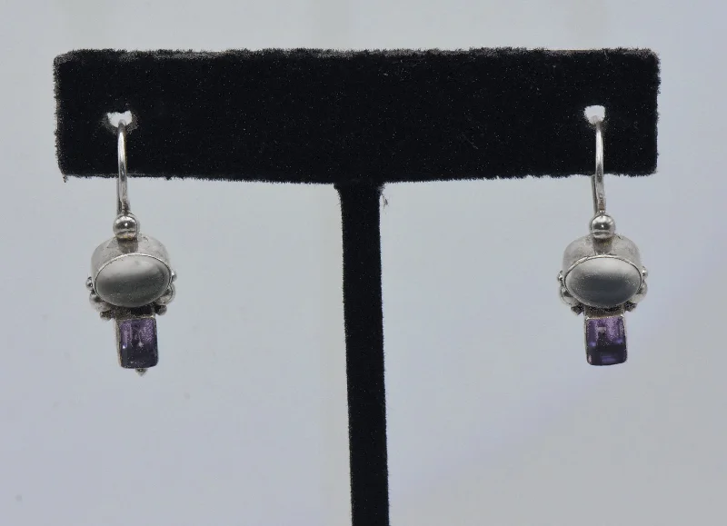 Ladies barely-there earrings -Vintage Cat's Eye Moonstone and Amethyst Sterling Silver Earrings