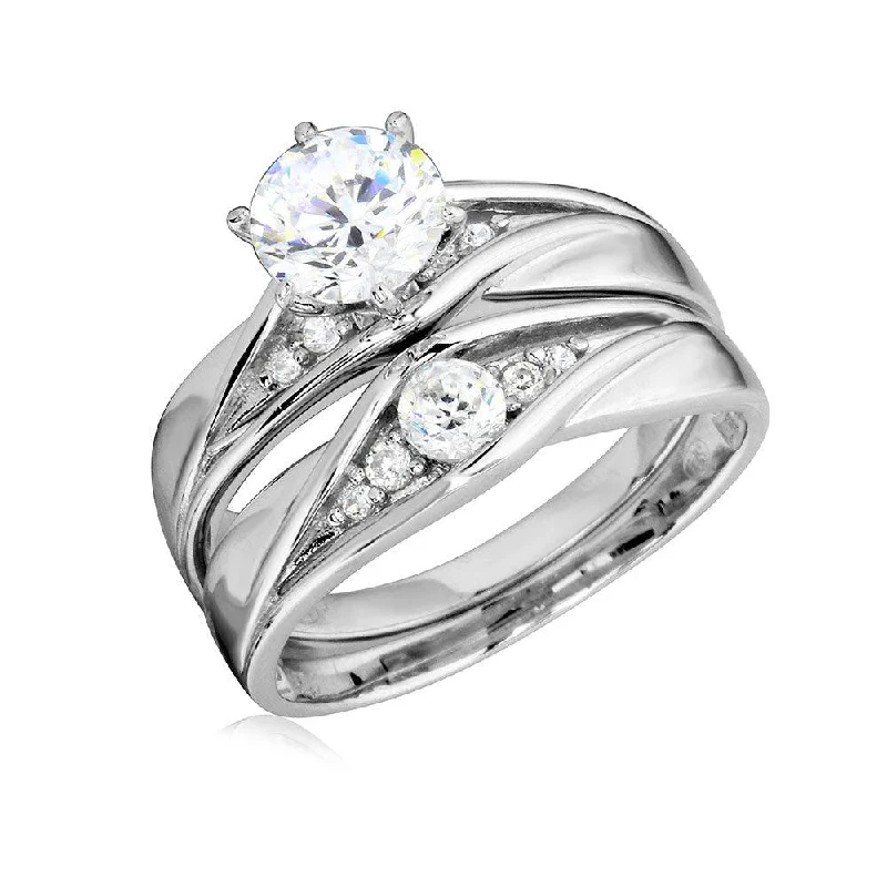 Ladies Forever Eternity Engagement Rings -Rhodium Plated 925 Sterling Silver Round CZ Center Stone Wedding Ring - GMR00184