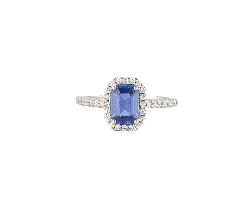 Ladies Rings for Evening Spark-1.00ct Emerald Cut Sapphire and 0.28ctw Diamond Frame Ring in Platinum